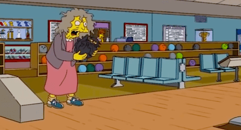 The Simpsons' crazy cat lady (Screen shot from http://youtu.be/ljGpJ_1jhTw)